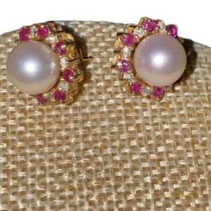 14K Stamped Yellow Gold Pearl Ruby Diamond Earrings
